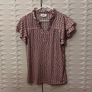 Ladies FYVE Pink Polka Dot Ruffle Sleeve Soft Silk Top, Size Small